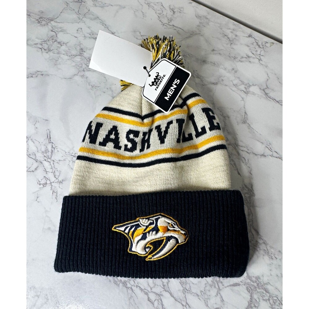 Fan Favorite Nashville Predators NHL Knit Pom Beanie Hat Mens White/Blue/Yellow